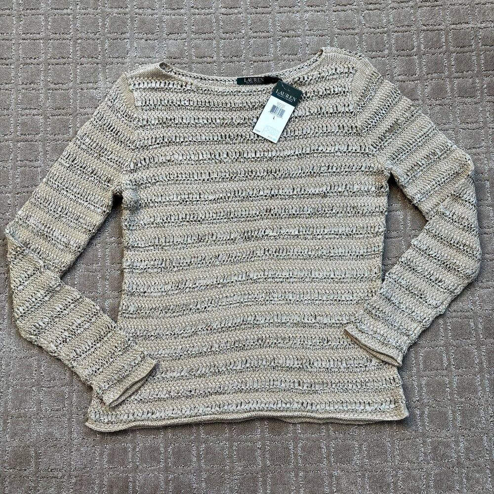 Ralph Lauren Linen Blend Sweater Beige Large Boatneck L/S Top Open Knit NWT